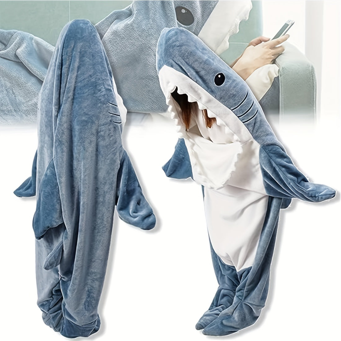 Wearable Shark Hoodie Blanket - Soft Flannel, Cozy and Fun for Adults & Kids